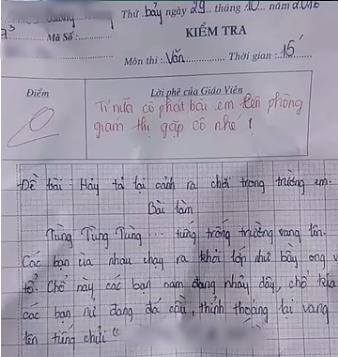 Bài văn bị chấm 0 điểm, còn bị giáo viên mời lên phòng giám thị gặp riêng.