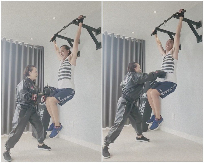 Vợ chồng Việt Hương tập boxing tại nhà. Ảnh chụp màn hình