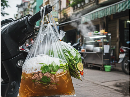 Nước lèo bún phở đựng trong túi nilon tiềm ẩn nhiều nguy cơ xấu cho sức khoẻ. Ảnh minh hoạ/Nguồn: VNE