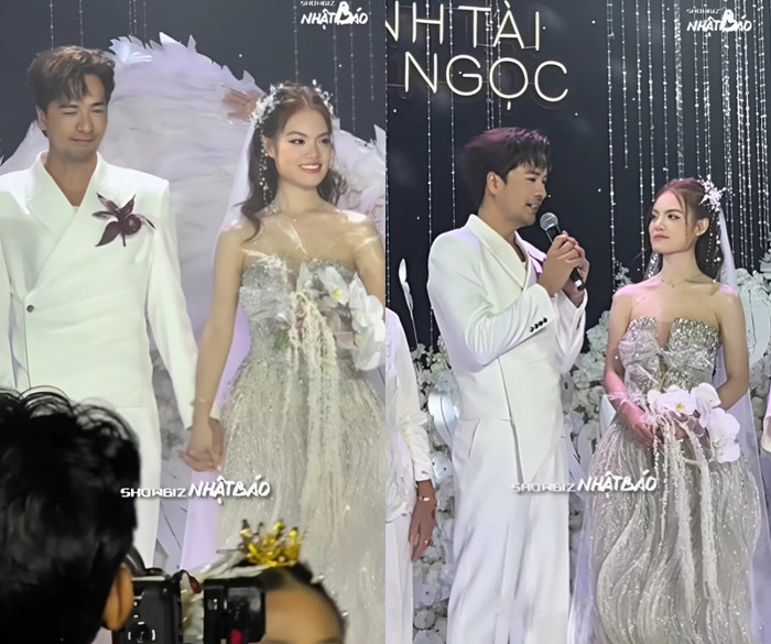 Đoàn Minh Tài và cô dâu kém 16 tuổi trong đám cưới. (Ảnh từ TikTok Showbiz Nhật Báo)
