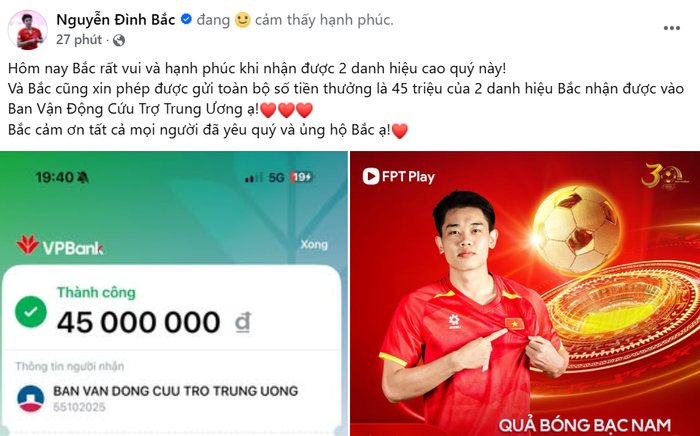 Đình Bắc khiến người hâm mộ nể phục khi tuyên bố dành trọn vẹn số tiền thưởng từ các danh hiệu để ủng hộ cộng đồng. Ảnh chụp màn hình