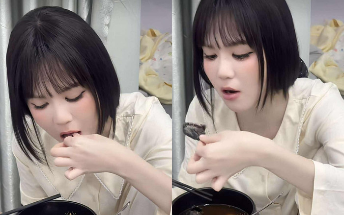 Ngọc Trinh say sưa thưởng thức món ăn vừa ngon, vừa bổ dưỡng. (Ảnh từ TikTok Hóng showbiz Việt)