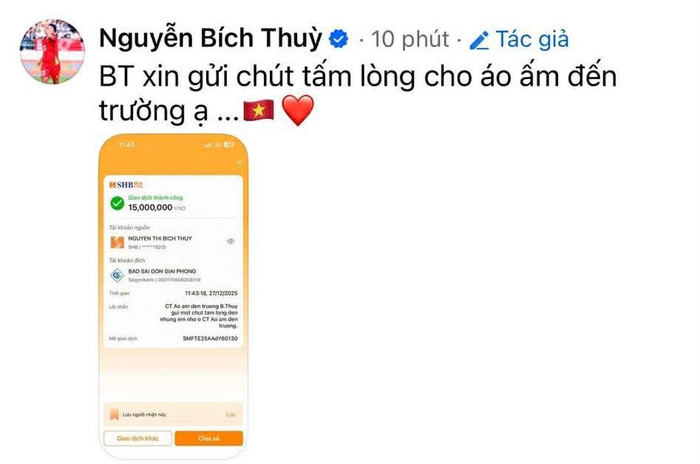 Bích Thùy ủng hộ tiền thưởng ở giải QBV 2025. Ảnh chụp màn hình