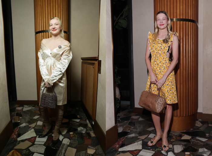 Stylist Lotta Volkova nổi tiếng với vai trò tạo nên phong cách Miu Miu ikonic trên sàn diễn, và rõ ràng gu thời trang cá nhân của cô cũng góp phần không nhỏ. Điển hình là chiếc váy satin trễ vai cô diện tại bữa tiệc tối của show xuân, được nhấn nhá bằng một chiếc ghim cài lấp lánh. Ảnh: Harper’s Bazaar