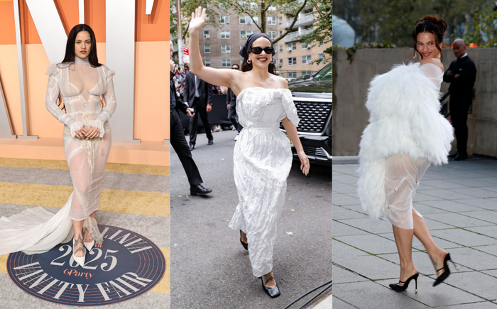 Chỉ riêng với video Berghain, Rosalía đã chứng minh gu thời trang tinh tường, tràn ngập những chi tiết mang tính tham khảo lịch sử. Cô cũng giữ phong độ ấn tượng trên thảm đỏ, thể hiện qua bộ trang phục nhăn của Calvin Klein, phối cùng kính mát và khăn trùm đầu màu đen. Ảnh: Harper’s Bazaar