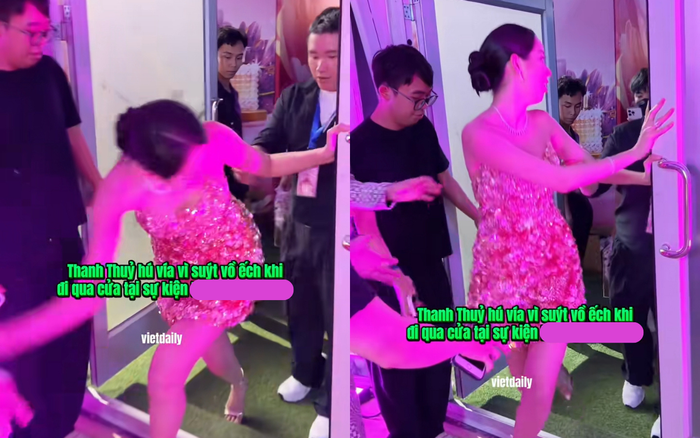 Thanh Thủy suýt bị ngã khi đi qua cửa. Ảnh: vietdaily