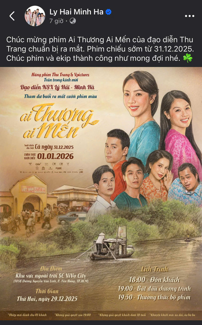 Trên fanpage, Lý Hải vừa có bài đăng ủng hộ cho dự án phim Tết 'Ai Thương Ai Mến' của Thu Trang&nbsp;