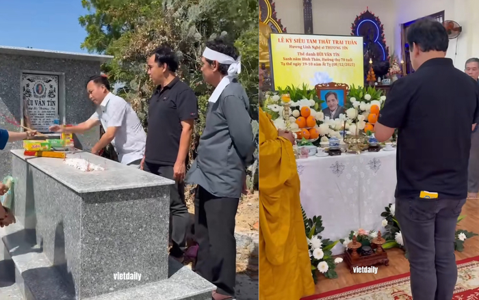 Hình ảnh MC Quyền Linh ăn vận giản dị, đến viếng và thăm mộ cố nghệ sĩ Thương Tín mới đây khiến nhiều khán giả xúc động. (Ảnh chụp màn hình TikTok Vietdaily)