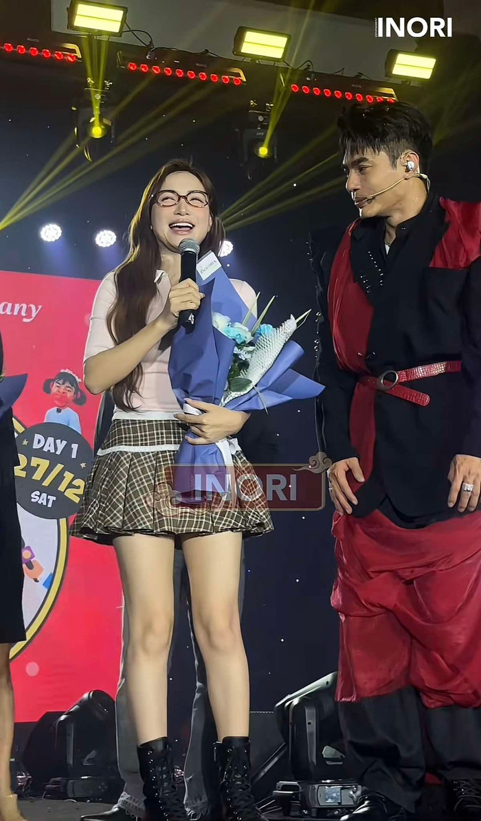 Hòa Minzy hài hước từ chối Lê Dương Bảo Lâm khi anh hỏi có mời làm MC ở fan concert của cô hay không. (Ảnh chụp màn hình từ TikTok Inori)