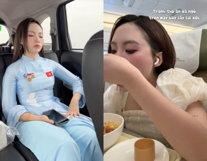 Phương Mỹ Chi tranh thủ nghỉ ngơi, ăn uống trong lúc di chuyển.