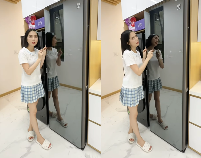 Để duy trì vẻ ngoài hoàn hảo cho đồ hiệu đắt tiền, Ngọc Trinh bật mí đã sử dụng máy giặt hấp sấy quần áo. Ảnh chụp màn hình