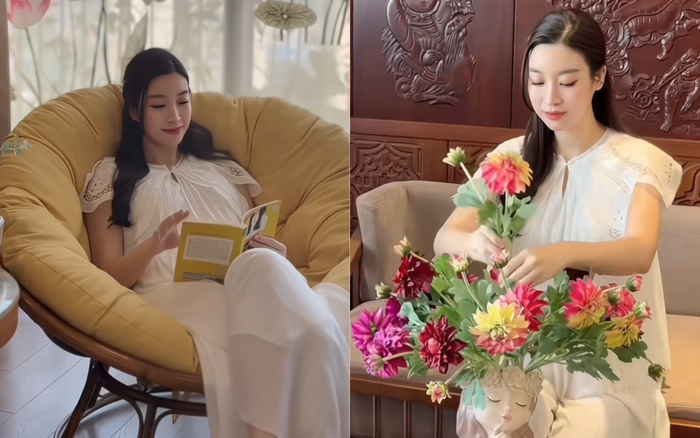 Đỗ Mỹ Linh diện váy thùng thình, vui vẻ đọc sách và cắm hoa ở nhà riêng. Ảnh chụp màn hình