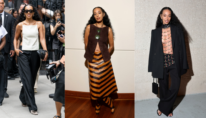 Solange, một biểu tượng phong cách bất hủ, tiếp tục khẳng định vị thế dẫn đầu xu hướng thời trang của mình trong năm 2025 với những bộ trang phục thậm chí còn gây chú ý hơn. Năm nay, cô diện chân váy da kẻ sọc Fendi và bốt cùng màu đến một sự kiện tại USC và sau đó là áo hở lưng cùng giày họa tiết da bò đến show thời trang Calvin Klein ở New York. Ảnh: Harper’s Bazaar&nbsp;