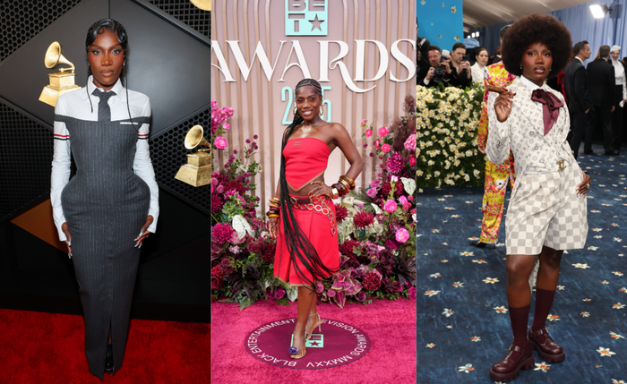 Ít ai táo bạo với trang phục thảm đỏ như Doechii. Cô diện một bộ Thom Browne ôm sát tại lễ trao giải Grammys đầu năm nay, sau đó lại chọn bộ đôi đỏ Miu Miu tại BET Awards. Ảnh: Harper’s Bazaar&nbsp;