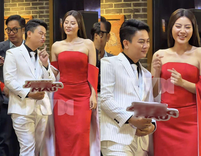 Hoài Lâm có biểu cảm nhí nhảnh, hài hước khi đứng cạnh diễn viên Thanh Hương. (Ảnh từ TikTok Ống kính hậu trường)