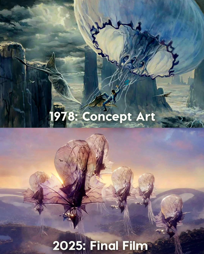 Bản phác họa Hành tinh Mesa năm 1978 trong dự án phim ngắn Xenogenesis, khởi nguồn của Pandora (1978) và hình ảnh Pandora trong Avatar 3 (2025)