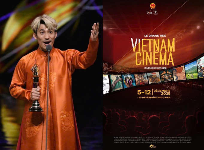 Liên Bỉnh Phát nhận giải Nam diễn viên chính xuất sắc tại Kim Chung 2025 (trái) và khoảnh khắc Phim Việt được trình chiếu trong Tuần phim Việt Nam tại Paris, mở rộng hiện diện quốc tế (phải)