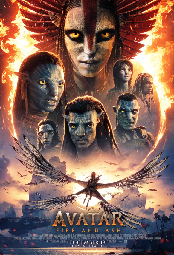 Poster chính thức hoặc key art của Avatar: Fire and Ash với tông màu lửa - tro, nhấn mạnh chương mới trên Pandora