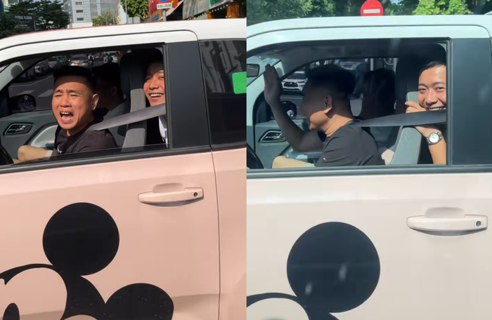 Quang Linh Vlogs xuất hiện giản dị khi ngồi trên một mẫu ô tô điện cỡ nhỏ do thương hiệu Việt sản xuất. Ảnh chụp màn hình