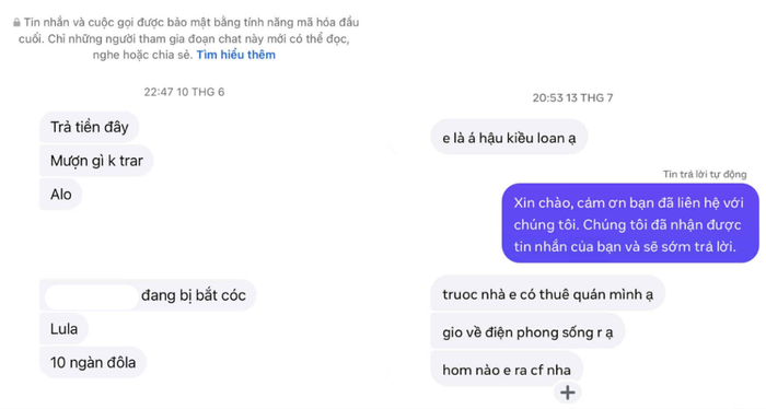 Á hậu Kiều Loan chia sẻ ảnh chụp màn hình tin nhắn của những tài khoản mạo danh gửi đến cho cô. Ảnh: FBNV