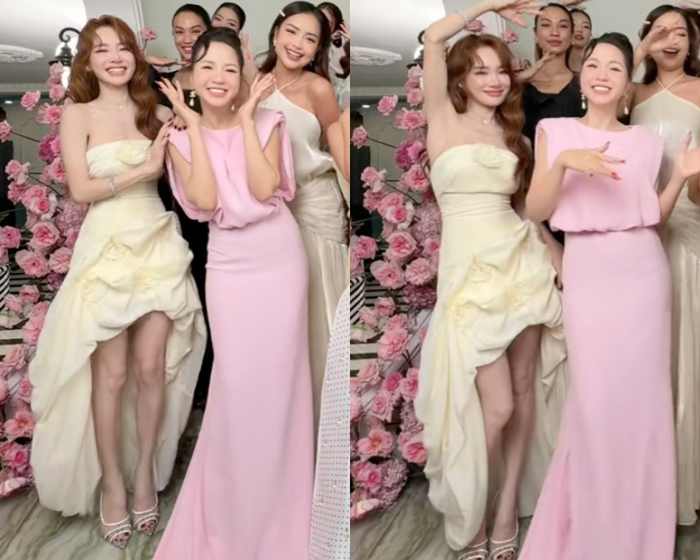 Nhã Phương cười tươi rói, khoe chân thon khi nhảy múa cùng hội chị em. Ảnh: TikTok hoahau.ngocchau