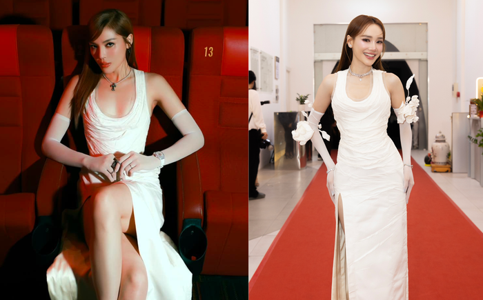 Hoa hậu Kỳ Duyên - Nhã Phương cùng diện mẫu váy xẻ sâu tôn dáng. (Ảnh tổng hợp)