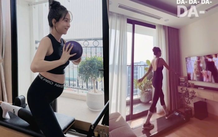 Nữ MC duy trì chế độ tập luyện thể thao dù đang trong thời gian bầu bí. (Ảnh: FBNV)
