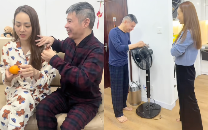 Công Lý cười rạng rỡ, dành nhiều thời gian để phụ giúp vợ làm việc nhà. (Ảnh: Chụp màn hình)