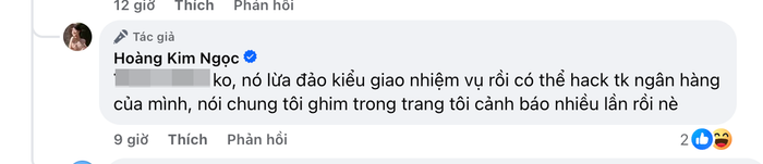Hoàng Kim Ngọc sau đó lên tiếng khẳng định những hình ảnh, bài viết kể trên đều lừa đảo. (Ảnh chụp màn hình FBNV)