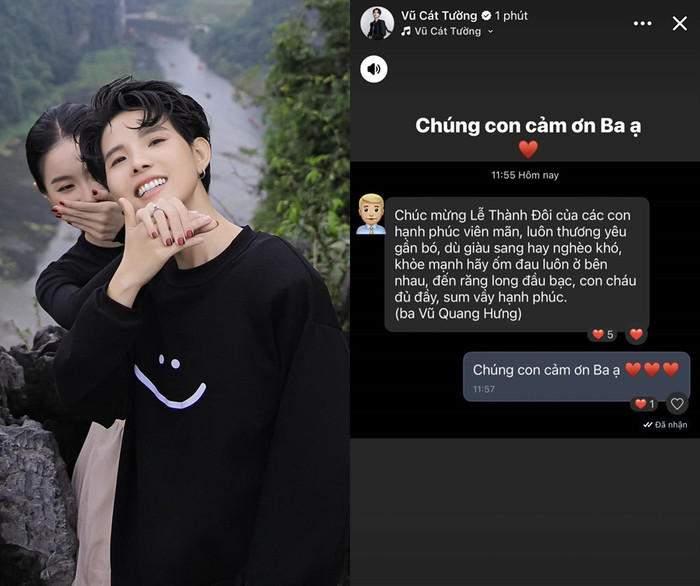 Vũ Cát Tường nhận được lời chúc phúc từ ba trước giờ diễn ra lễ thành đôi. (Ảnh FBNV)