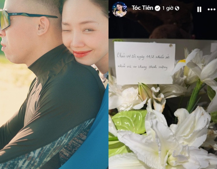 Tóc Tiên khoe được chồng tặng bó hoa lãng mạn trong ngày Valentine. Tuy nhiên, nhiều khán giả 'soi' ra lời nhắn hài hước của chồng nữ ca sĩ: 'Chúc vợ tôi ngày 14/2 nhiều sức khỏe, an khang thịnh vượng'. (Ảnh FBNV)