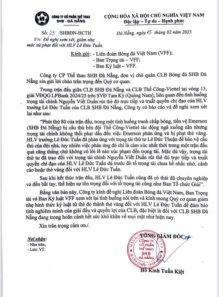 CLB Đà Nẵng xin VFF xoá thẻ đỏ cho HLV Lê Đức Tuấn.