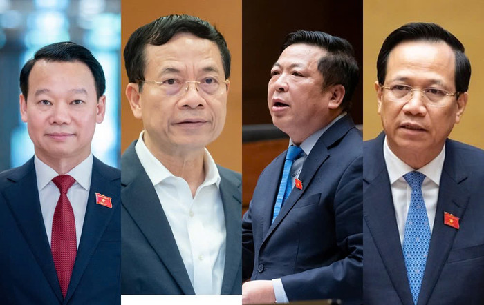 Từ trái qua: Bộ trưởng Bộ Nông nghiệp và Môi trường Đỗ Đức Duy; Bộ trưởng Bộ Khoa học và Công nghệ Nguyễn Mạnh Hùng; Bộ trưởng Bộ Xây dựng Trần Hồng Minh và Bộ trưởng Bộ Dân tộc và Tôn giáo Đào Ngọc Dung.