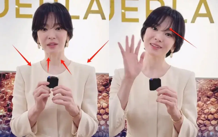 Song Hye Kyo lộ dấu hiệu tuổi tác, làn da xuất hiện nếp nhăn ở quanh mắt và vùng cổ. (Ảnh tổng hợp)