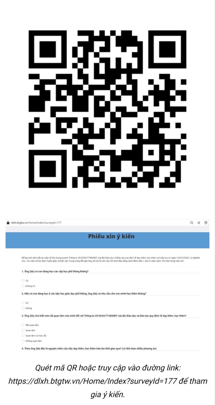 Người dân có thể quét mã QR để cho ý kiến về dạy thêm, học thêm - (Ảnh chụp màn hình).
