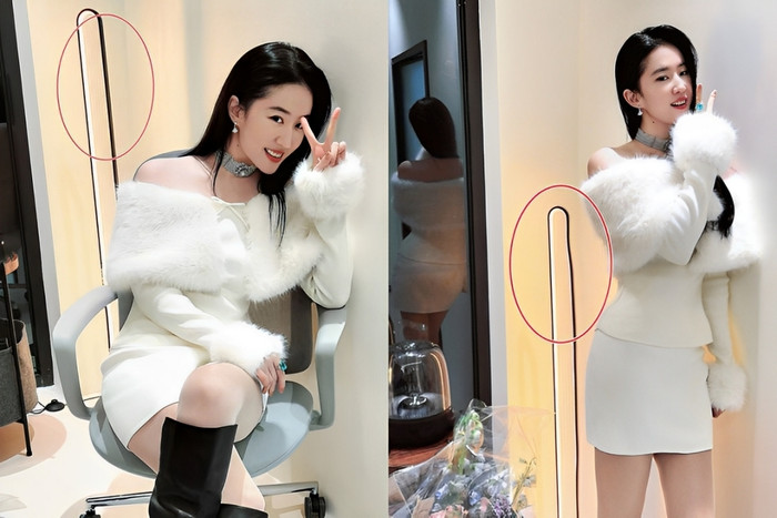 Lưu Diệc Phi chỉnh ảnh đến méo cả chiếc đèn sau lưng.