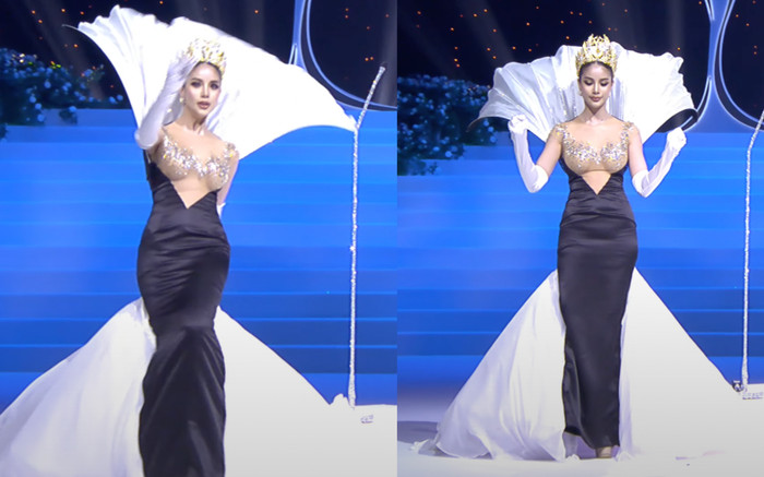 Thí sinh cuộc thi hoa hậu suýt té ngã trình diễn váy dạ hội gợi cảm Ảnh 2