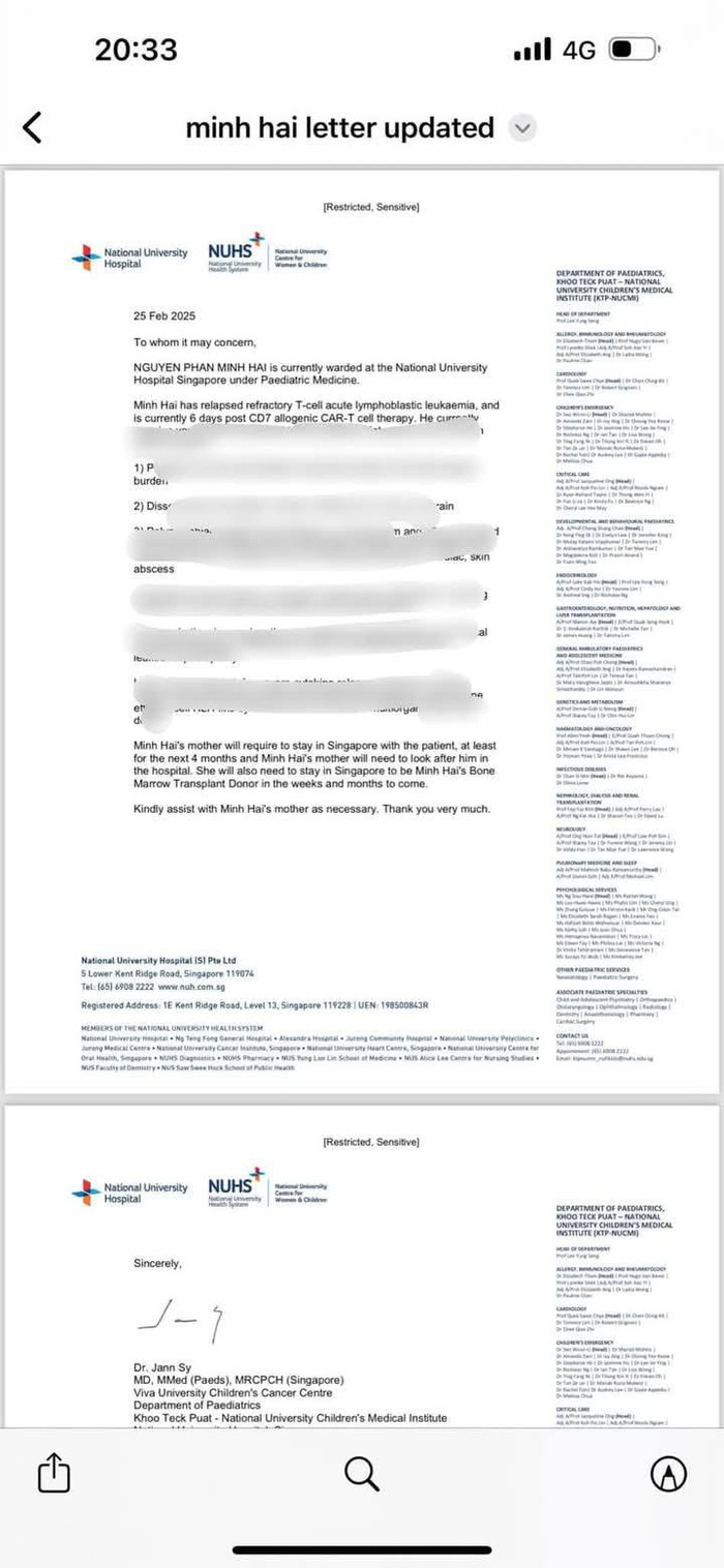 Thu Hoà chia sẻ bức thư của bác sĩ đề nghị cô ở lại bệnh viện trong 4 tháng tới. 