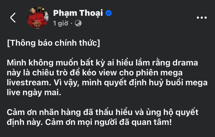 Phạm Thoại thông báo về việc huỷ livestream vào ngày 28/2.
