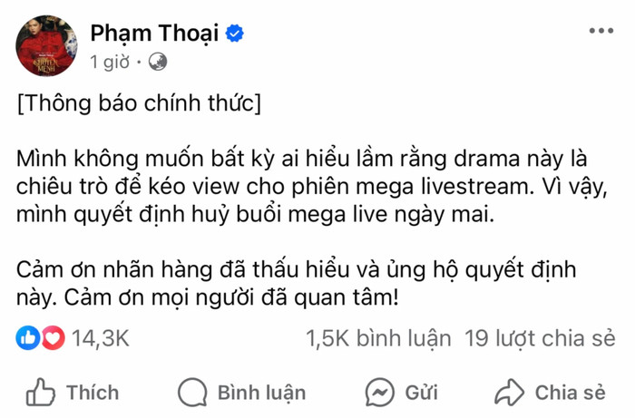 Phạm Thoại thông báo hủy mega livestream ngày 28/2 sau khi tung 28 trang sao kê tiền kêu gọi quyên góp. (Ảnh chụp màn hình)
