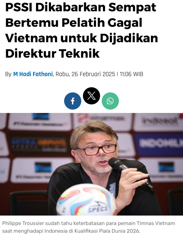 Truyền thông Indonesia bất ngờ đưa tin về HLV Troussier sau khi tỷ phú Erick Thohir công bố giám đốc kỹ thuật mới của đội bóng xứ vạn đảo. Ảnh chụp màn hình