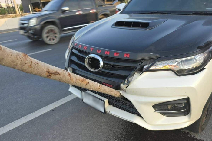 Đang chạy trên đường, tài xế 'đứng tim' khi khúc cây dài 4 mét ghim thẳng vào đầu xe Ảnh 1