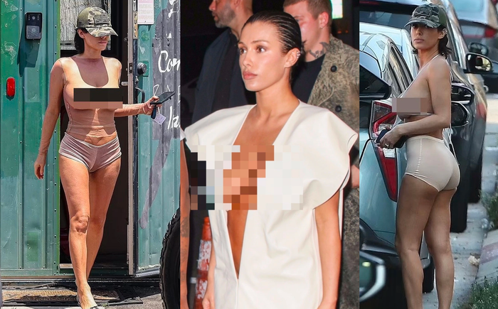 Vợ Kanye West nhiều lần diện trang phục ngắn cũn, không nội y. (Ảnh tổng hợp)
