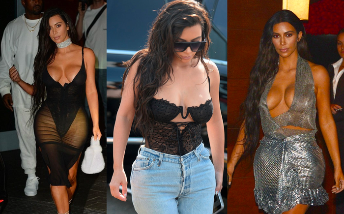 Kim Kardashian cũng ưa chuộng kiểu ăn mặc 'kiệm vải', khoe vóc dáng phồn thực. (Ảnh tổng hợp)