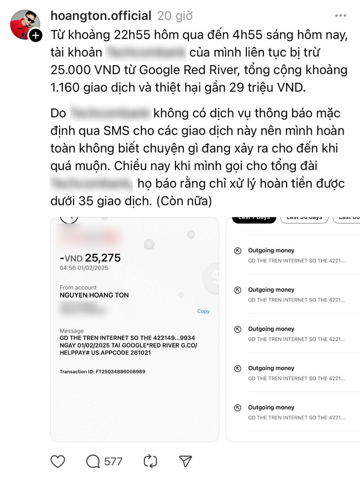 Nam ca sĩ Hoàng Tôn mất 29 triệu đồng chỉ trong vòng vài tiếng. (Ảnh: Chụp màn hình Threads Hoàng Tôn)