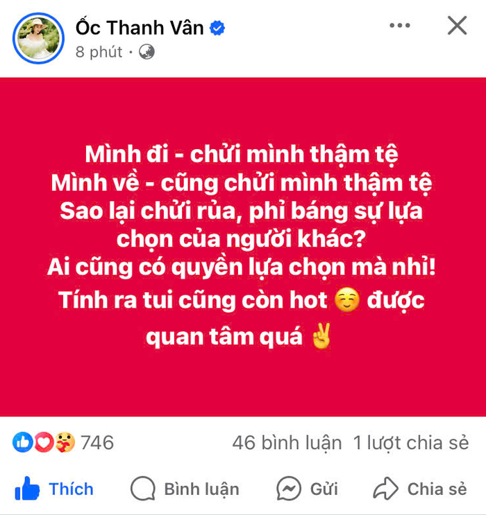 MC Ốc Thanh Vân bày tỏ bức xúc trên trang cá nhân. (Ảnh chụp màn hình)