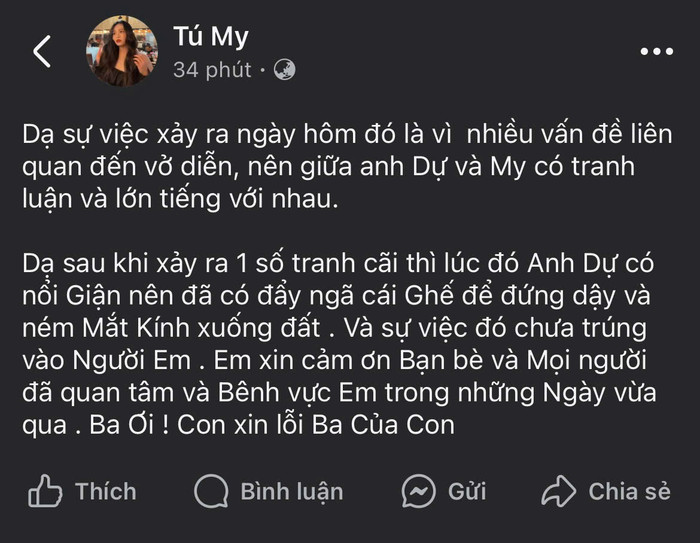 Con gái nghệ sĩ Lê Quốc Nam - diễn viên Tú My phản hồi về sự việc bị Minh Dự 'tác động vật lý'. (Ảnh: Chụp màn hinh)