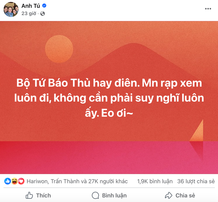 Bài viết trên tài khoản cá nhân của Anh Tú có nội dung khen ngợi phim của Trấn Thành vẫn đang thu hút lượng tương tác mạnh mẽ từ khán giả. Ảnh: Chụp màn hình.