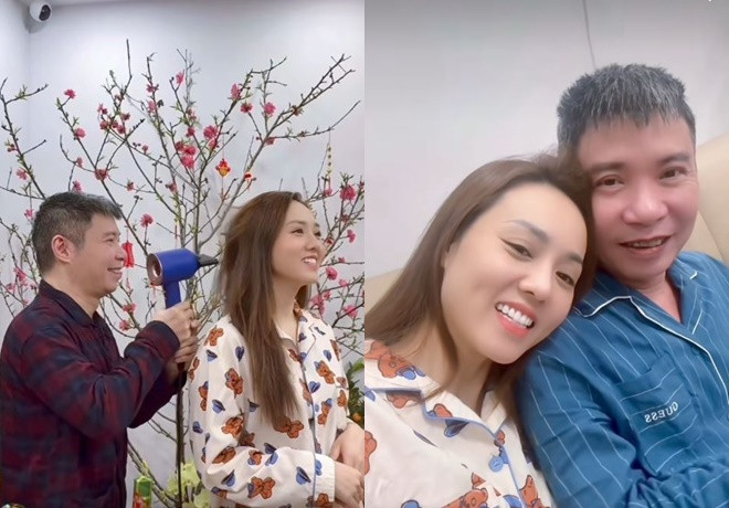 Nghệ sĩ Công Lý tự tay sấy và chải tóc cho vợ. (Ảnh FBNV)