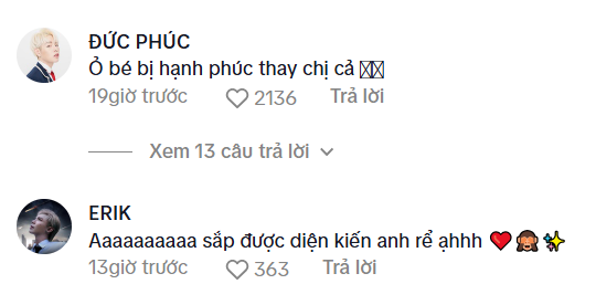 Đức Phúc và Erik đều vui mừng khi Hòa Minzy ẩn ý chuyện tìm được người mới. (Ảnh chụp màn hình)